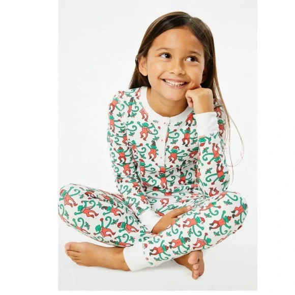Roller Rabbit Kids Monkey Mas Elves Christmas Holiday Pajamas PJs Set Size